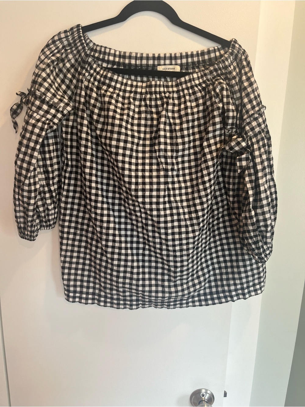 Max Studio Black and White Gingham Off-Shoulder Blouse